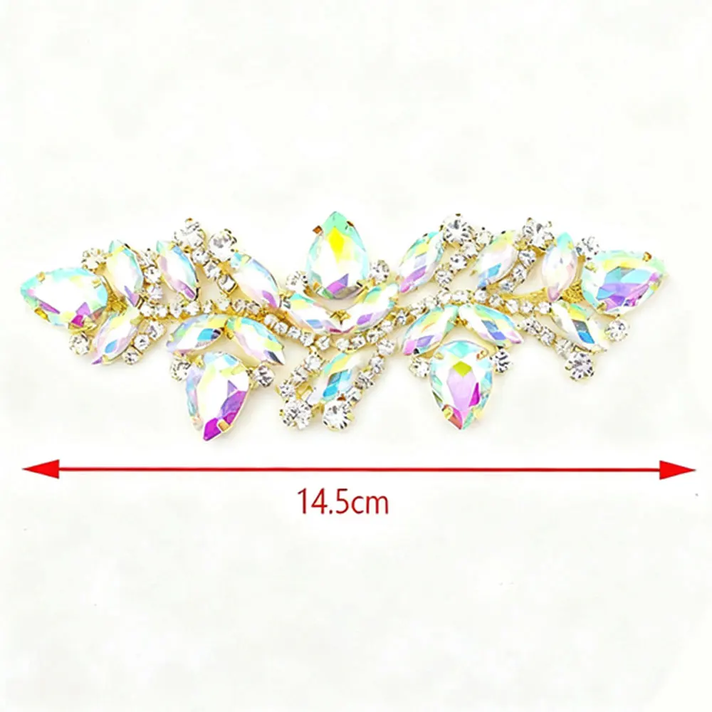 Wedding Dress & Shoe Decoration Appliqué - Gold Silver AB Crystal Leaf Glass Rhinestone Chain Fringe Sew-on Garment Accessory - 6