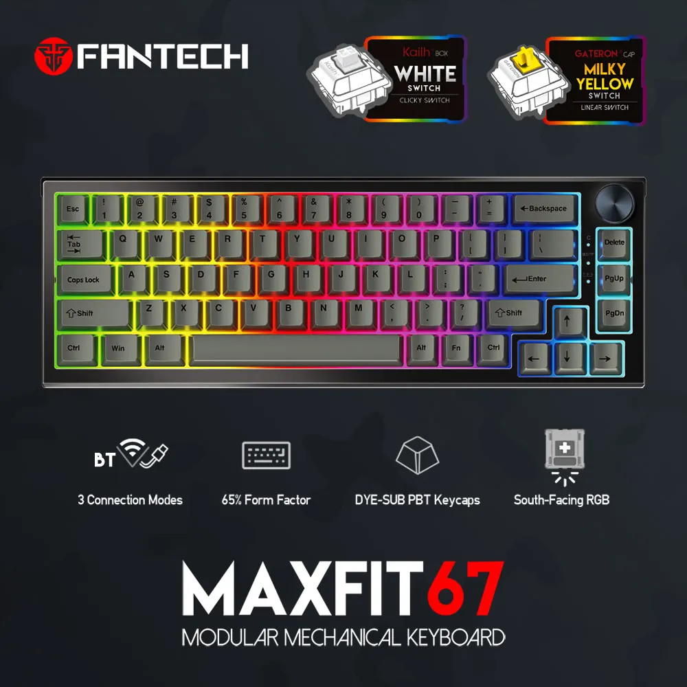 Fantech MAXFIT67 Bluetooth Wireless Hot Swap Keyboard PBT DYE-SUB Keycaps RGB Wired Knob Encoder Kailh Box Gateron Milky Yellow keyboard desktop Keyboards