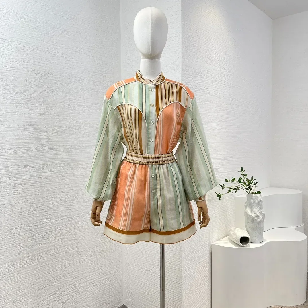 High Quality 2024 Summer Orange Green Patchwork Striped Long Sleeve Blouse and Elastic Waist Shorts Set