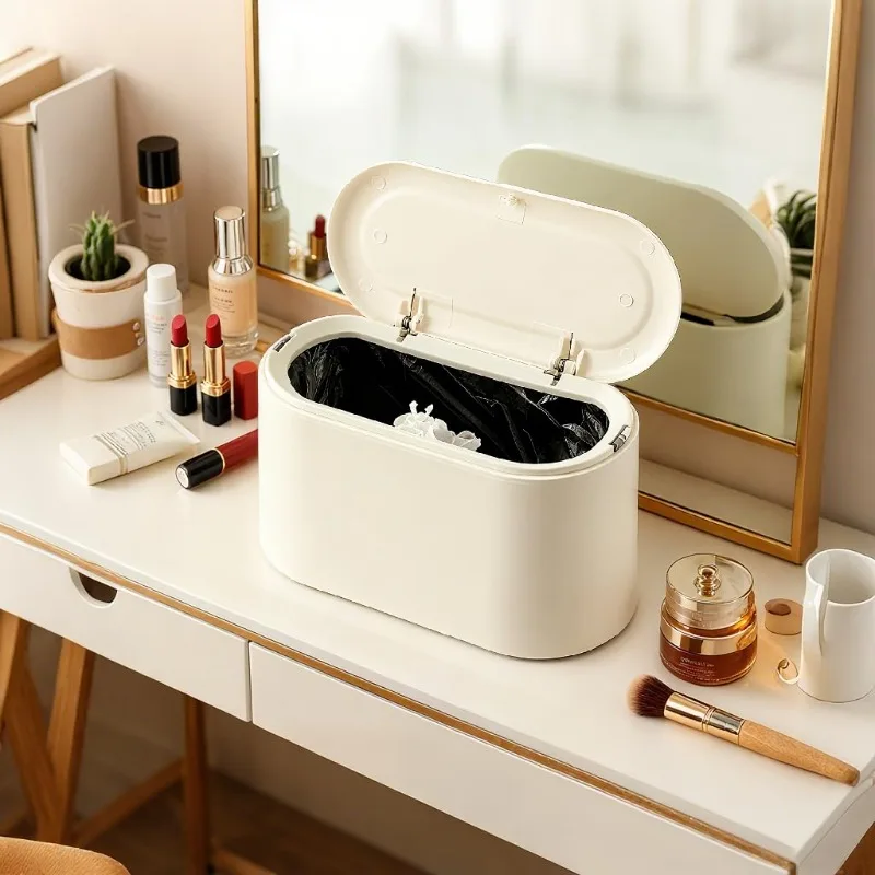 Compact Desktop Trash Can with Lid - Mini Plastic Waste Bin for Vanity/Bedside/Office,  Space-Saving &  Odor-Blocking