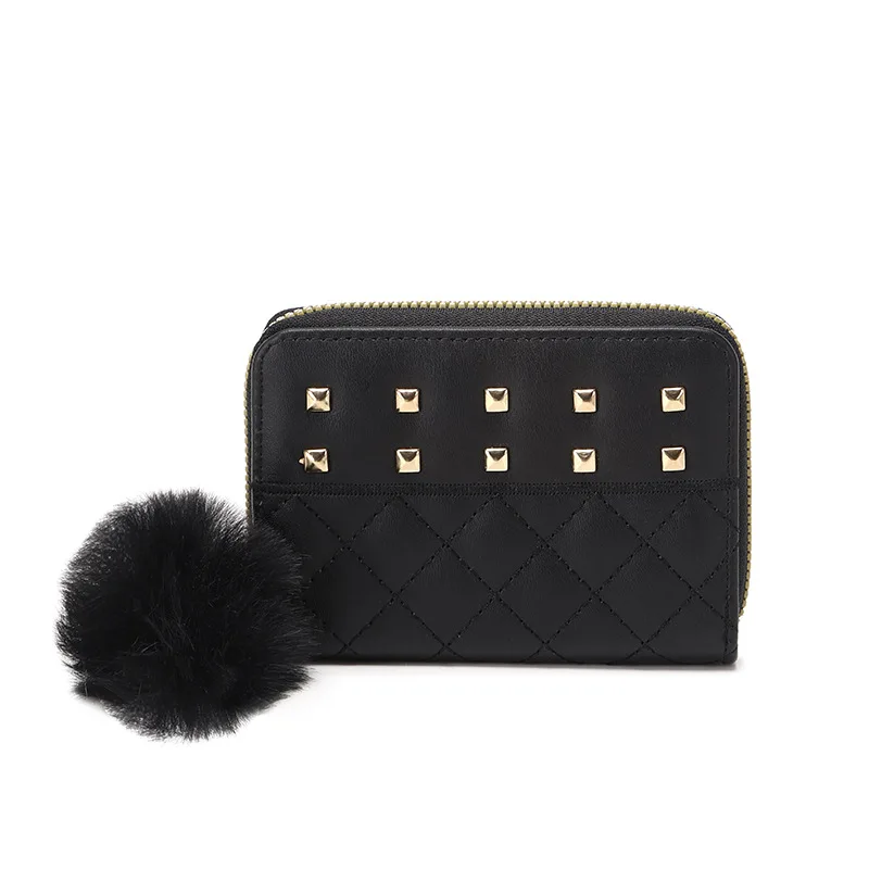 Fashionable Women's Wallet with Zipper and Studs Features Casual Design and Furry Ball Decoration Small Wallet Women