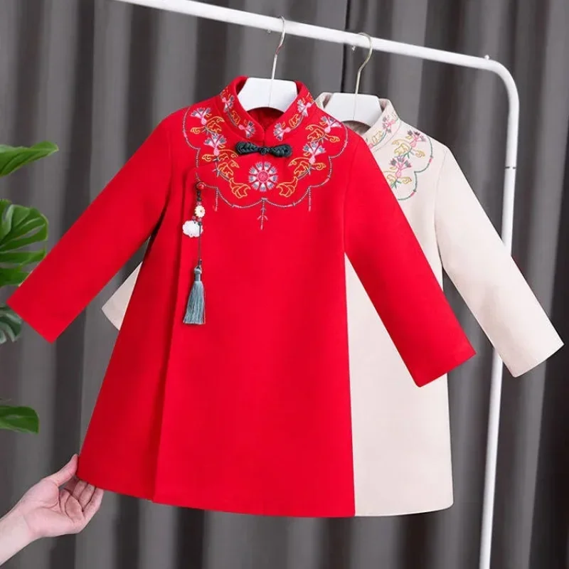 2022 New Year Chinese Style Qipao Floral Dress Tang-Suit Children Clothes Kids Thick Hanfu Embroidery Cheongsam for Girls