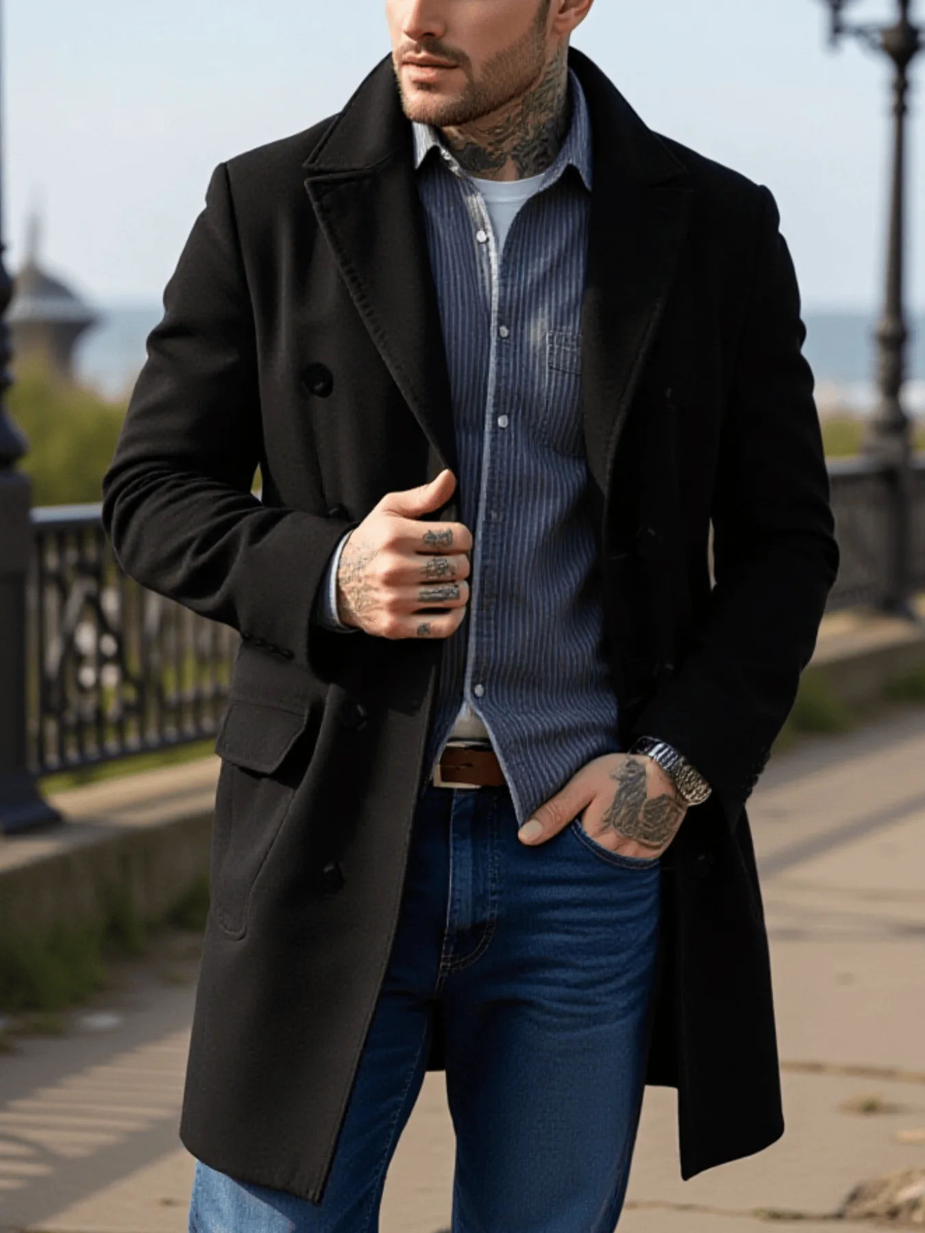 معطف رجالي ملابس الشارع معاطف صوفية مزدوجة الصدر ب...