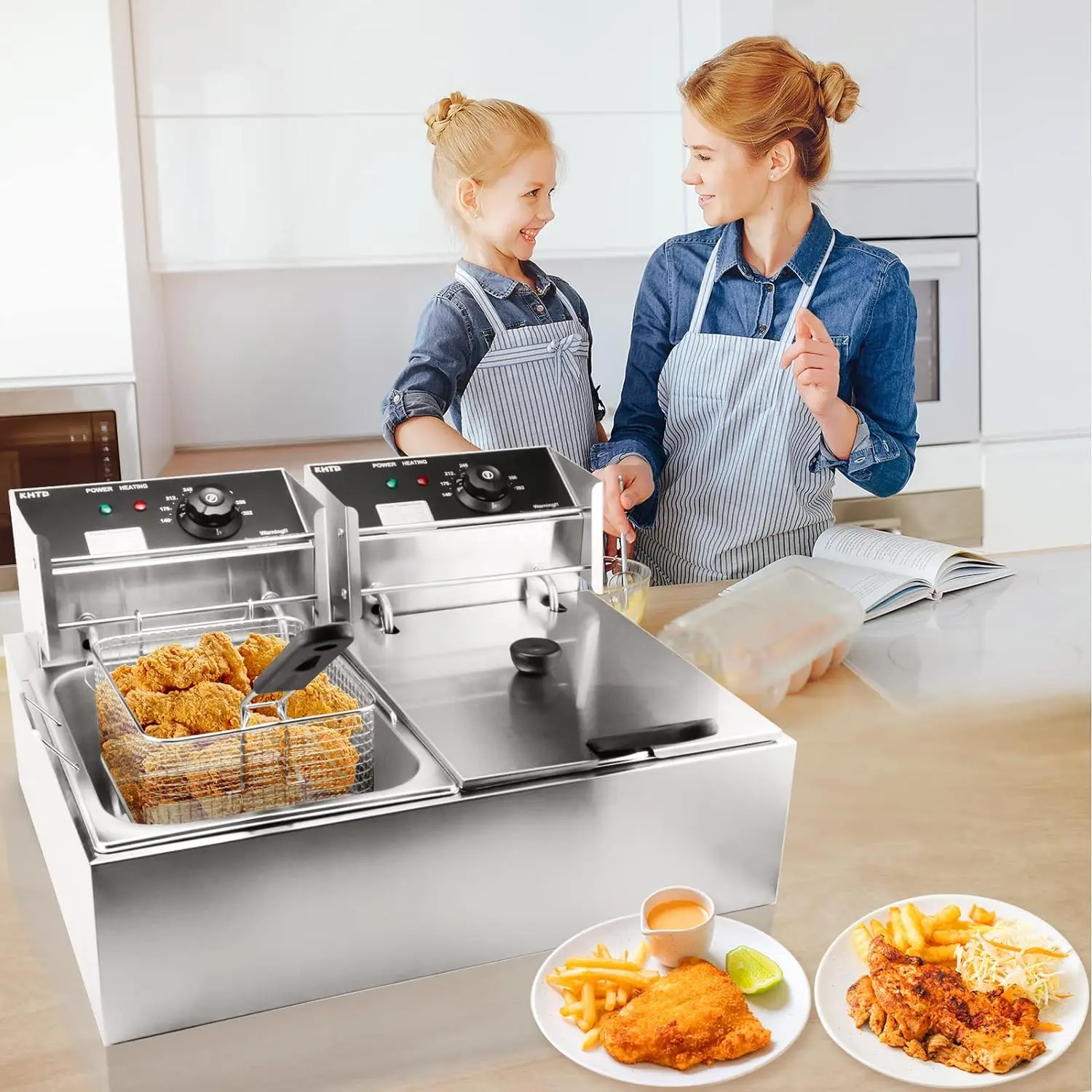 Commercial Deep Fryer with Basket, 3400W 12.7QT/12L, Detachable Large Capacity Stainless Steel Countertop Electric Oil Fryer wit 2