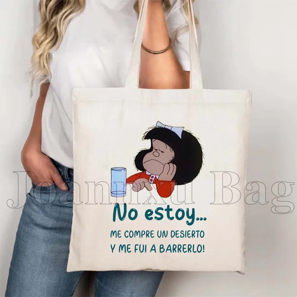 Funny Spanish Quotes Kawaii Cartoon Girl Mafalda Quino Comics Cute Mafalda Comics French Gifts Canvas Totes Bag Casual Handbags