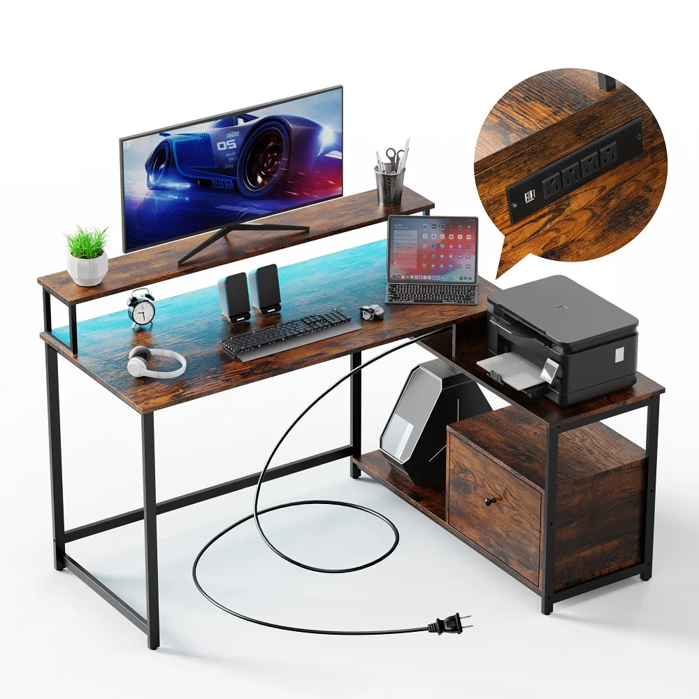 

Home Furniture Office Computer Desk L-Shaped Working Study Writing Gaming Table Desks with File Drawer LED Outlet Laptop Table