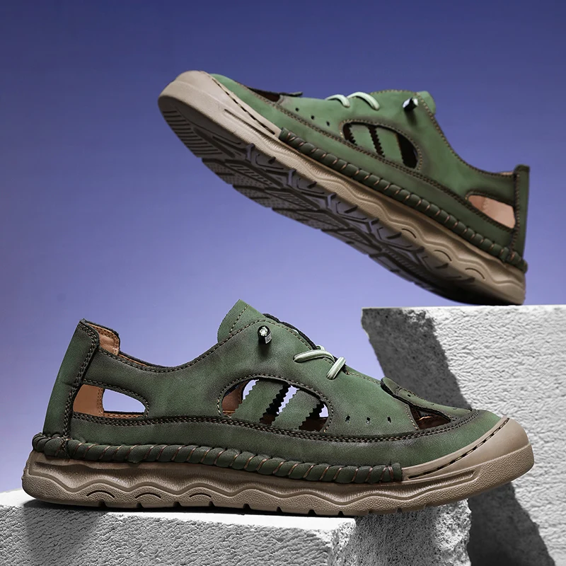 Men's Handmade Leather Sandals Flat Sandals Beach Vacation Summer Non-slip