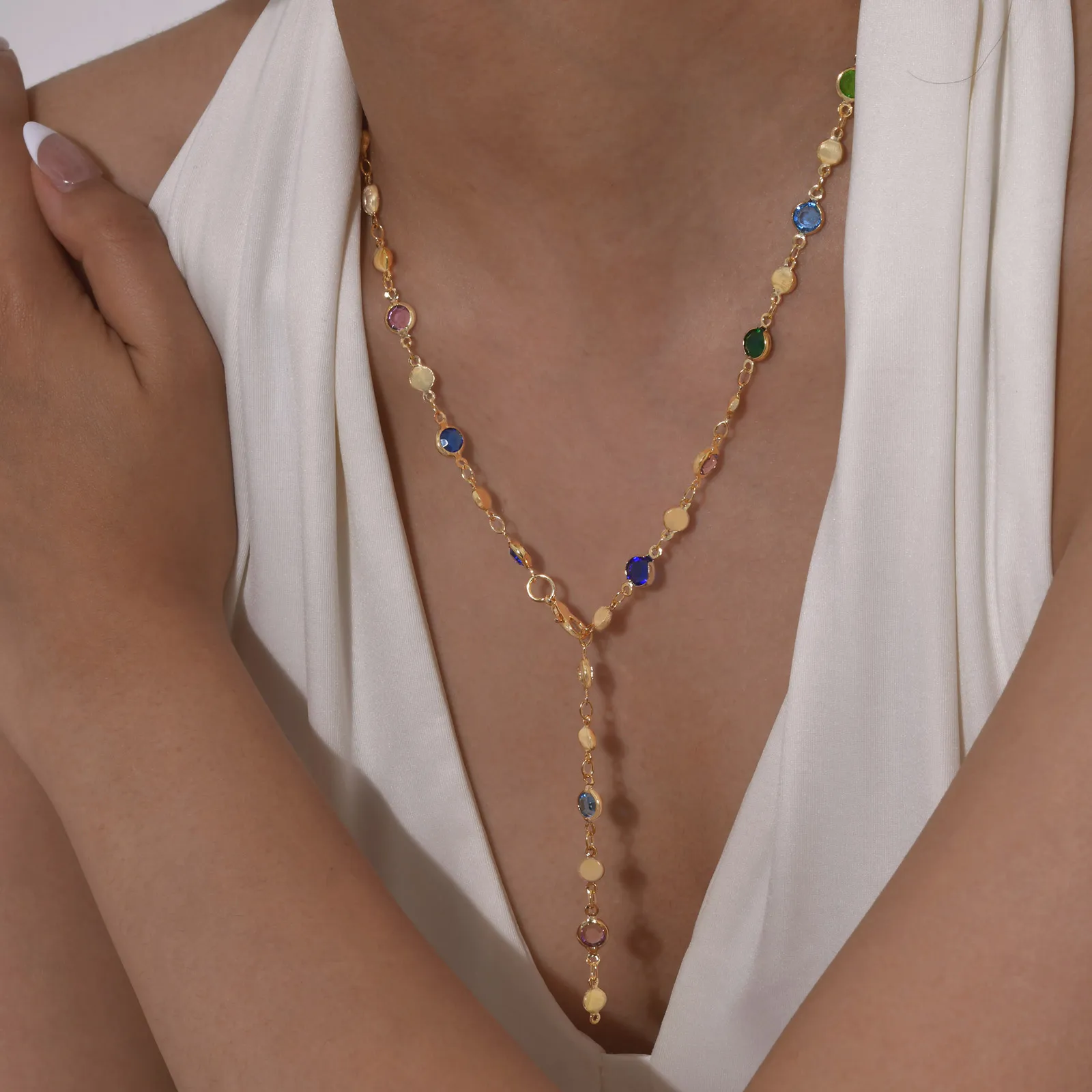 Vintage Boho Bunte Kristall Y-förmige Halskette für Frauen Geometrische Lange Quaste Kette Halskette Trendiger Schmuck für Festival Party – Detail 3