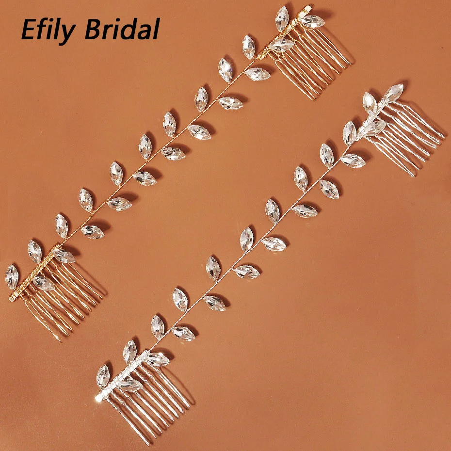 

Efily Handmade Leaf Rhinestone Wedding Long Hair Comb Clip Bridal Jewelry Crystal Bride Hair Accessories Women Headwear Ornament