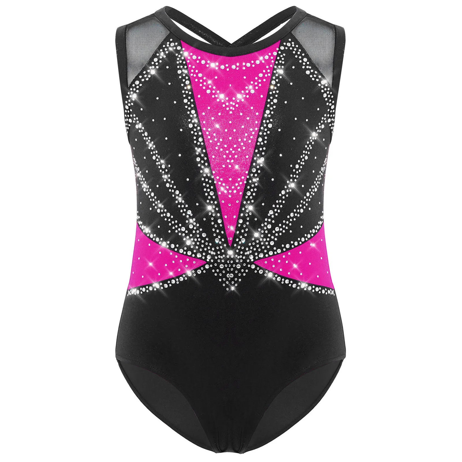 Kinder Mädchen Eiskunstlauf Kostüm Ballett Tanz Akrobatik Gymnastik Yoga Body Ärmellos Glänzende Strasssteine Mesh Trikot – Detail 23
