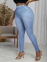 Plus Size Faux Denim Printed Leggings with Fake Distressed Detail Comfortable Soft and Fashionable Knit High Stretch Sports Pan - Image 3
