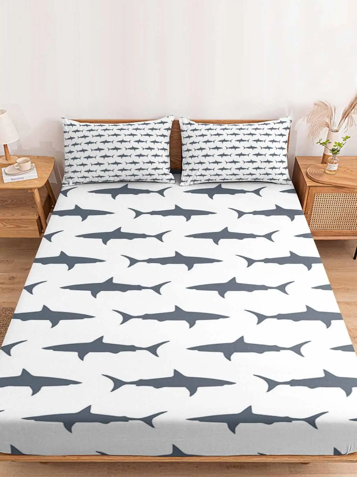 Ocean Cartoon Grey Shark Queen Size Bed Mattress Fitted sheet Elastic Rubber Band Non-slip Bed Sheet Pillowcase Set 1