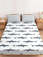 Ocean Cartoon Grey Shark Queen Size Bed Mattress Fitted sheet Elastic Rubber Band Non-slip Bed Sheet Pillowcase Set 1