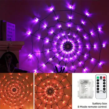 LED Spider Web String Lights DIY for Halloween Battery Powered 8mode 70LED Remote Control Indoor Party Wall Halloween Decoration