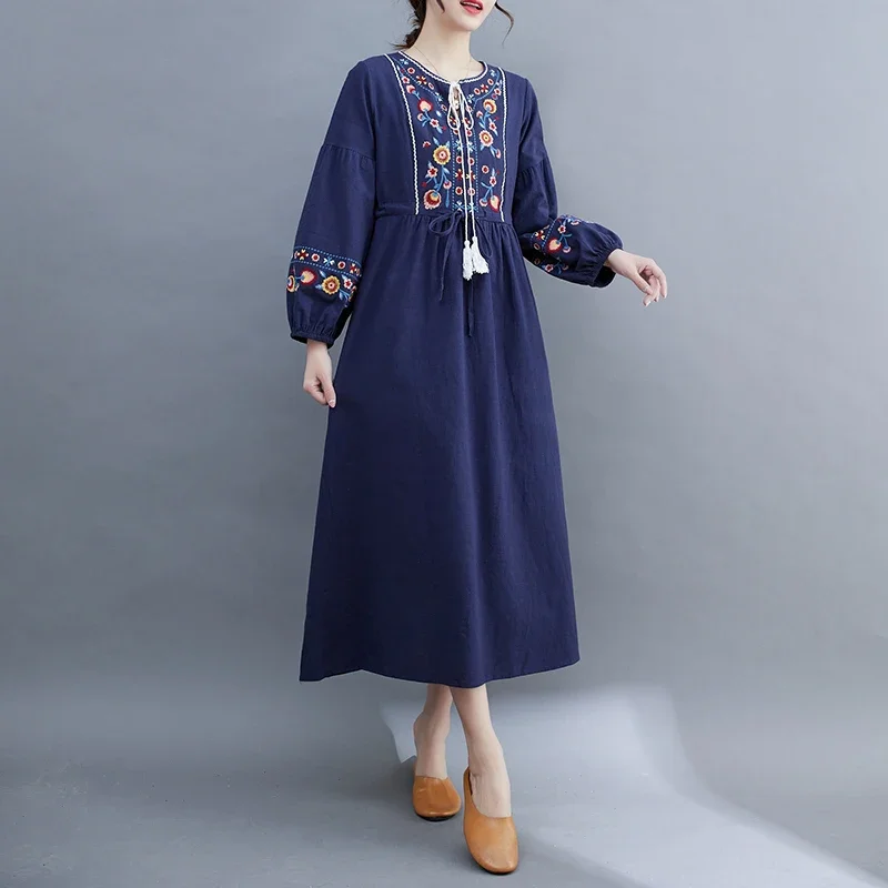 

Embroidery Chinese Style Women's Dresses New Cotton Linen Three Quarter Summer FASHION Women Vintage Loose Clothing YCMYUNYAN