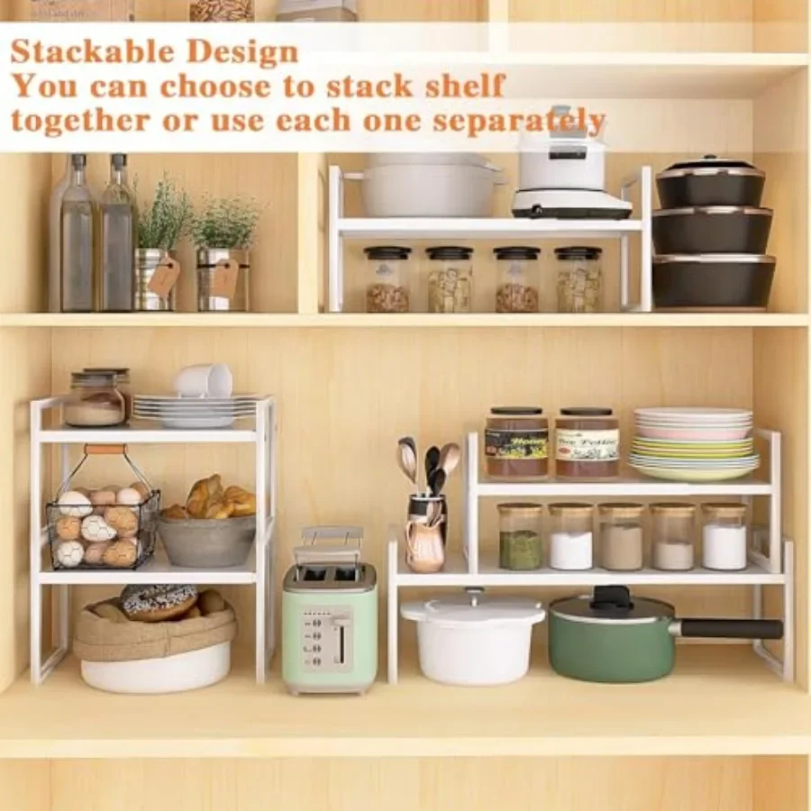 Expandable Kitchen Countertop Organizer Stackable Cabinet Shelf Organizers Space Saving Spice Rack Pantry Storage for Bathroom