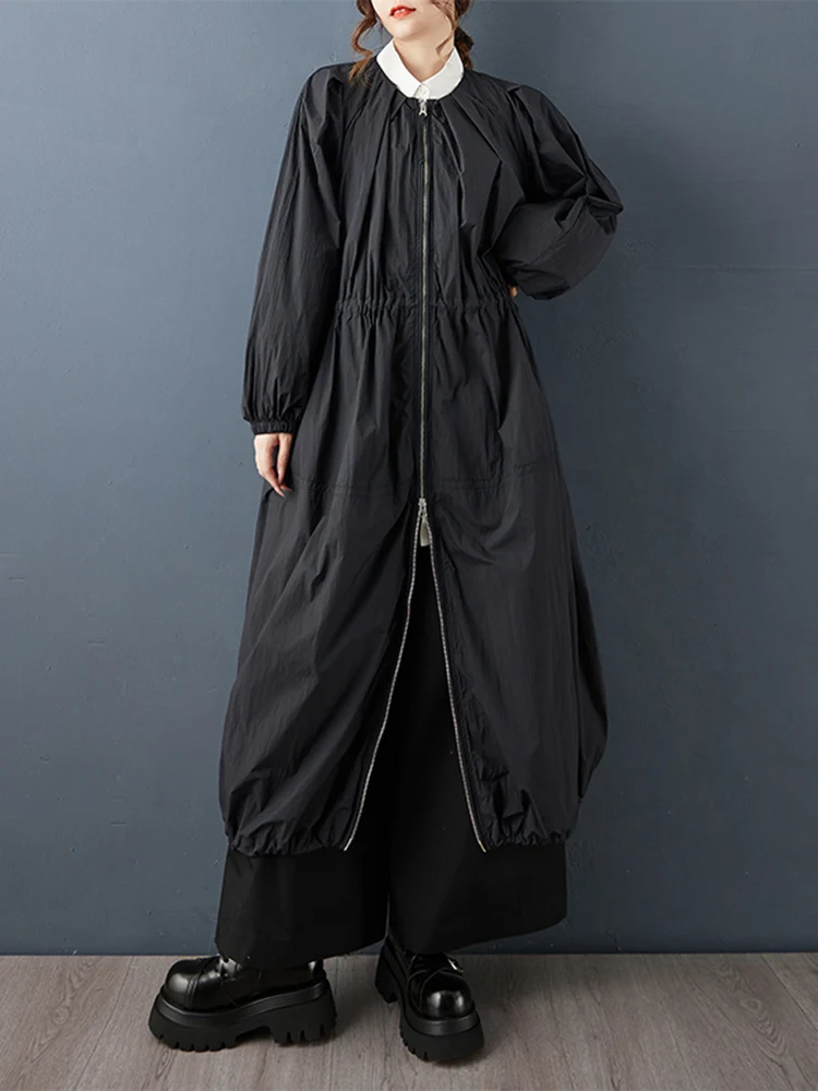 Blue Oversized Zipper Long Trench Coat For Women New Pleated Casual Loose Vintage Outerwear Cardigan Spring Autumn 2025