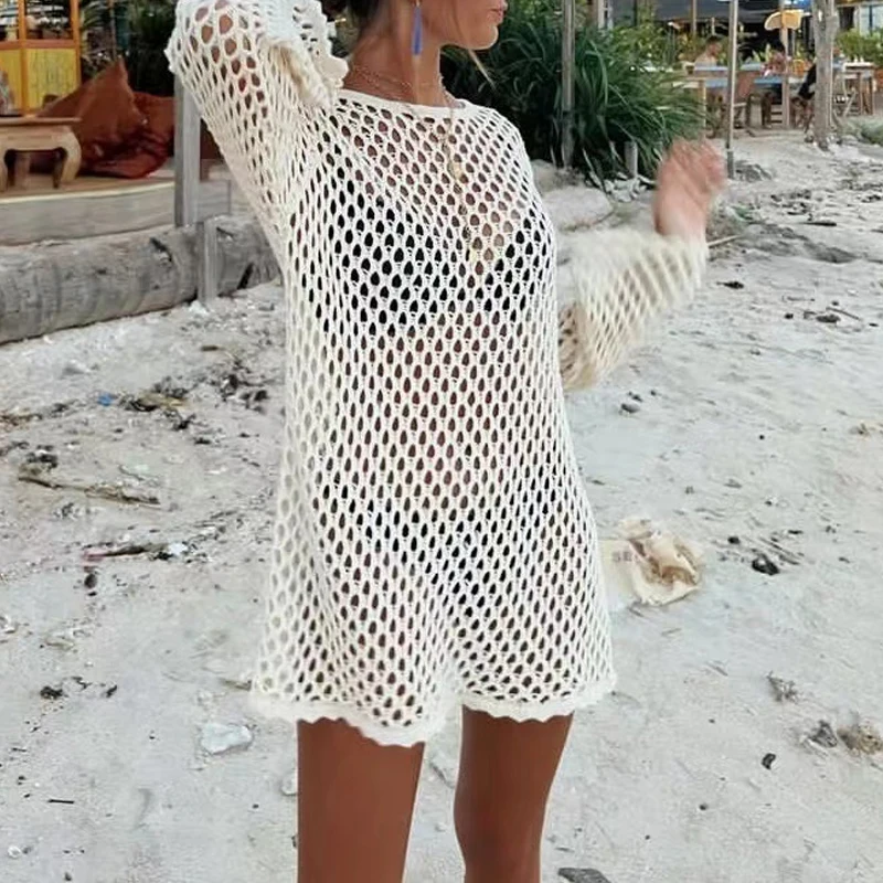 Seaside Hollow Out One Piece Vacation Covers Summer Solid knitted Fish Mesh Pullover Tops Long Sleeve White Full Dresses swimsuit cover up swimsuit coverup fishnet cover up