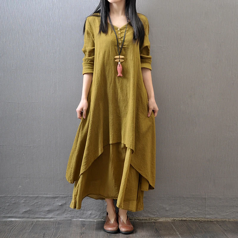 

Robe Long Sleeve Loose Dress Oversize Female Autumn Vestidos Elegant Chic Cotton Linen Dresses for Women Bohemia Layered Vintage