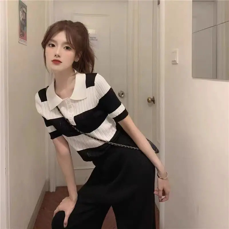 

Vintage knitted shortsleeved tshirt female summer small people hit the colour striped polo shirt short tops small fragrant style