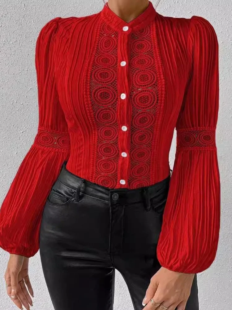 Wmstar Women Top Wholesale Lace Patchwork Lantern Long Sleeved Solid Color Stand Up Collar Shirt Dropshopping Fall Clothing