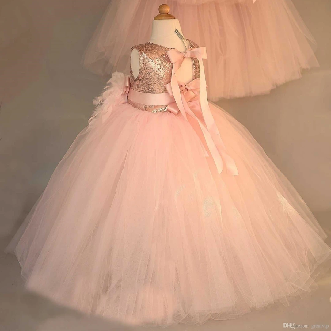

Short Pink Full Sleeves Flower Girl Dress For Wedding Toddler Birthday Party Puffy Gown Ball Communion Bow Christening Gown