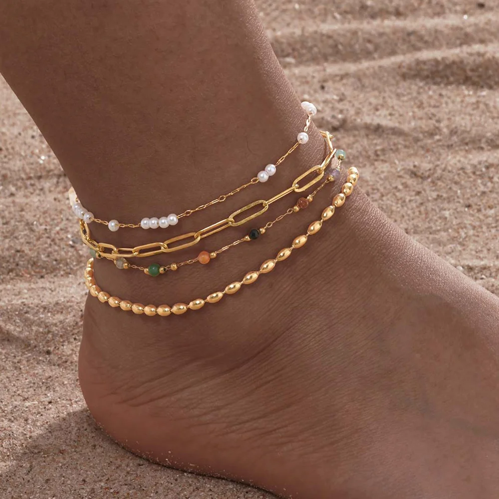 Anklet Bracelet silver anklet bracelet ankle chains beads anklet toe foot bracelet fashion accessories for Women 18k Gold Plated Adjustable Stackable