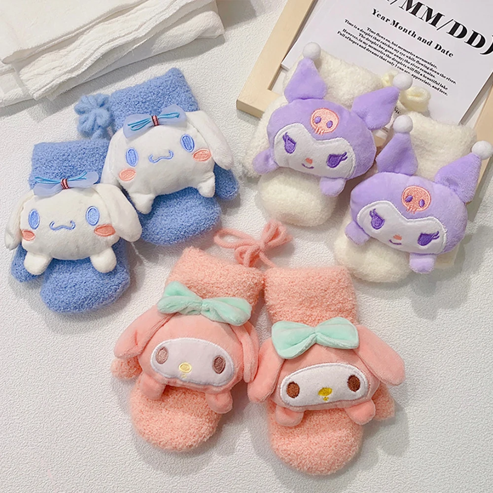 Winter Kids Full Finger Gloves Sanrio Anime Cinnamoroll Kuromi Melody Cartoon Kawaii Soft Warm Girl Gloves Thick Mitten 3-12Y