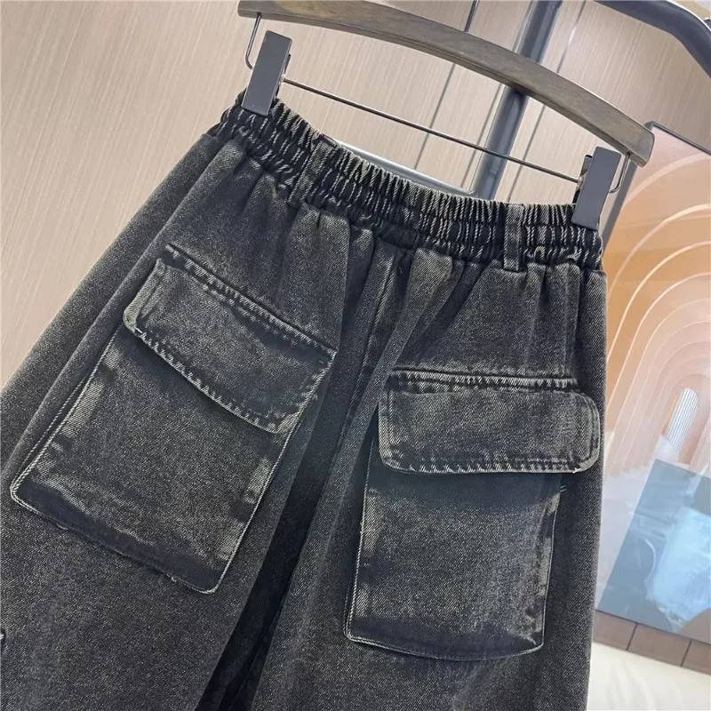 여성용 캐주얼 면 크롭 팬츠, 드로스트링 레이스업, 헐렁한 데님, 블랙 오버사이즈 용수철, 레트로 패션, 2024 신상