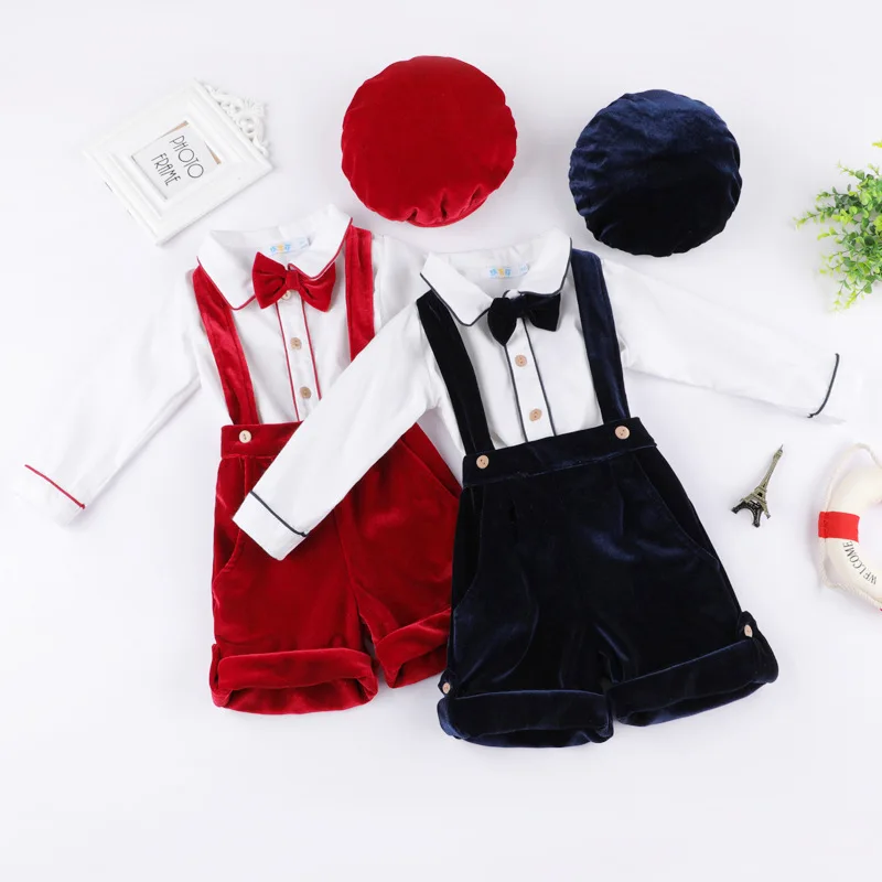 Newborn Clothes Suit Baby Boy Clothing Sets for Birthday Wedding Party Children Withe Blouse Velvet Pants 3Pcs Outfits With Hats - 6