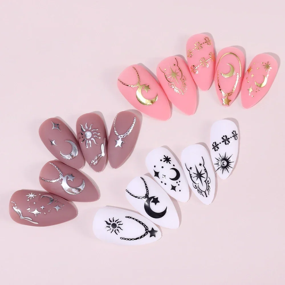 Heallor Sliver Gold Nails Stickers Mental Sun Moon Star Lock Angel Wing Decals Nail Charms 3D Adhesive Sliders Spring Decor Acce 5