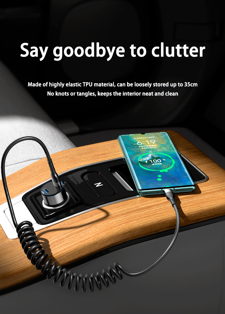 66W 5A شحن سريع نوع C كابل نابض تلسكوبي شاحن هاتف سيارة شاومي ريدمي USB C كابل