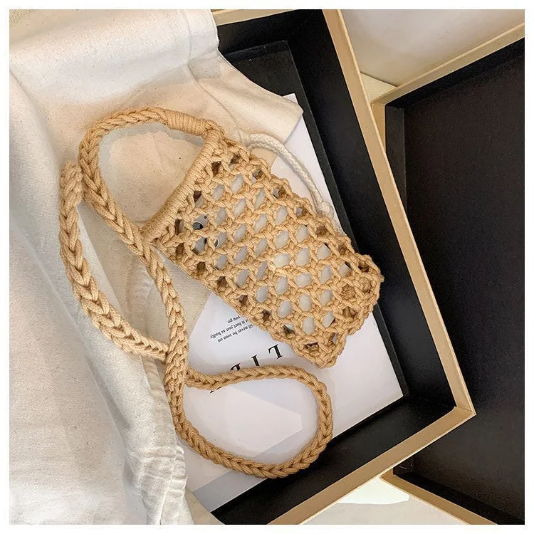 Women Fashion Small Crossbody Phone Bag Solid Color Hollow-out Woven Crochet Lightweight Braided Shoulder Handbag