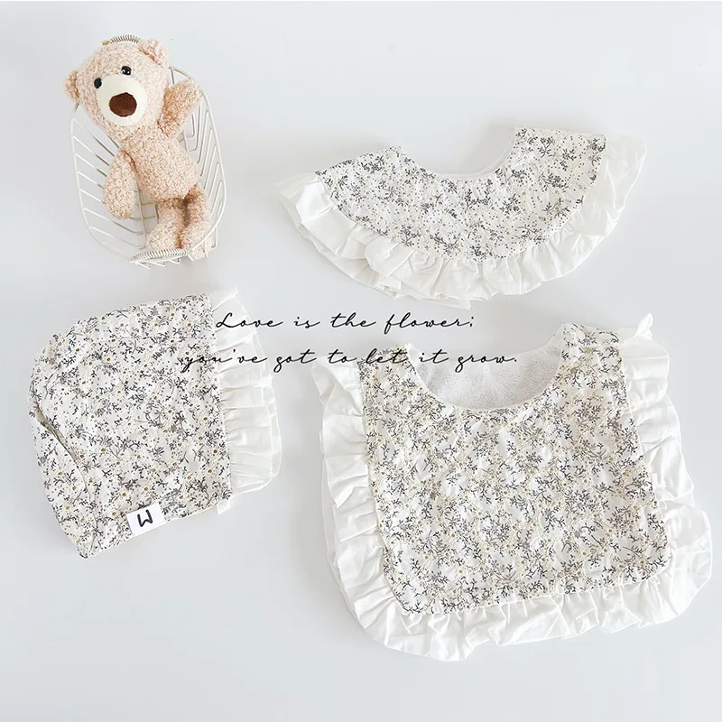 

3Pcs Pack Noridc Style Baby Bibs Hat Cotton Waterproof Saliva Towel Burp Cloths Floral Printing One Full Year Birthday Gift Set
