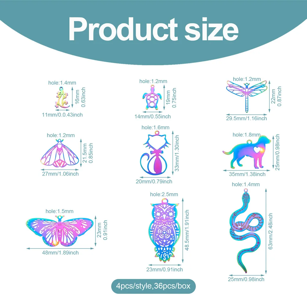 Kissitty 36Pcs Animal Ion Plating Stainless Steel Filigree Pendants Laser Cut Charm for Necklace Earring Bracelet Jewelry Making