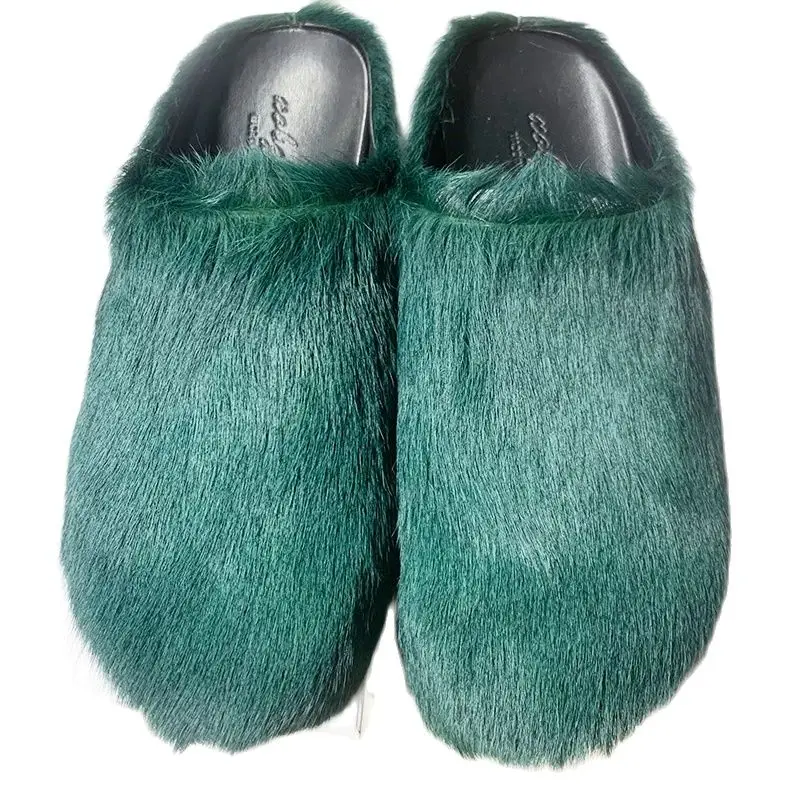 Italy Fur Horse Hair Slippers Women 2023 Winter Casual Runway Flat Mules Moccasins Men Shoes Leisure Real Leather Women Slippers