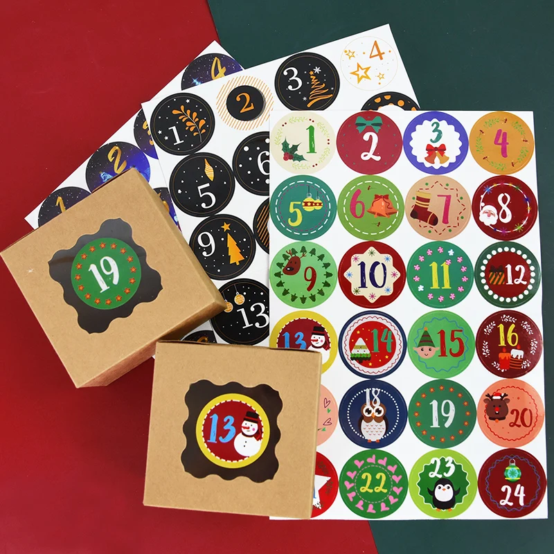 24pcs Merry Christmas Advent Calendar Number Paper Stickers 1~24 DIY Gifts Packaging Labels Xmas Decor