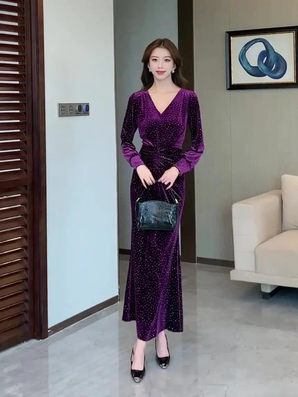 2025 фиолетовое бархатное шикарное платье макси с блестками в горошек женское