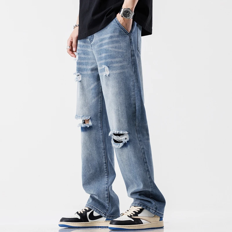 Men Fashion Vintage Jeans Streetwear Ripped Loose Hip Hop Hole Trousers Casual Straight Wide Denim Pants