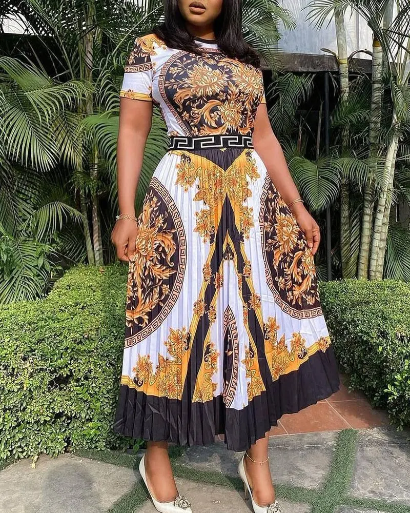 Africa Clothing Vintage Pleated Print High Waist A Line African Dresses For Women Traditional Robe Africaine Femme Vestidos 2023