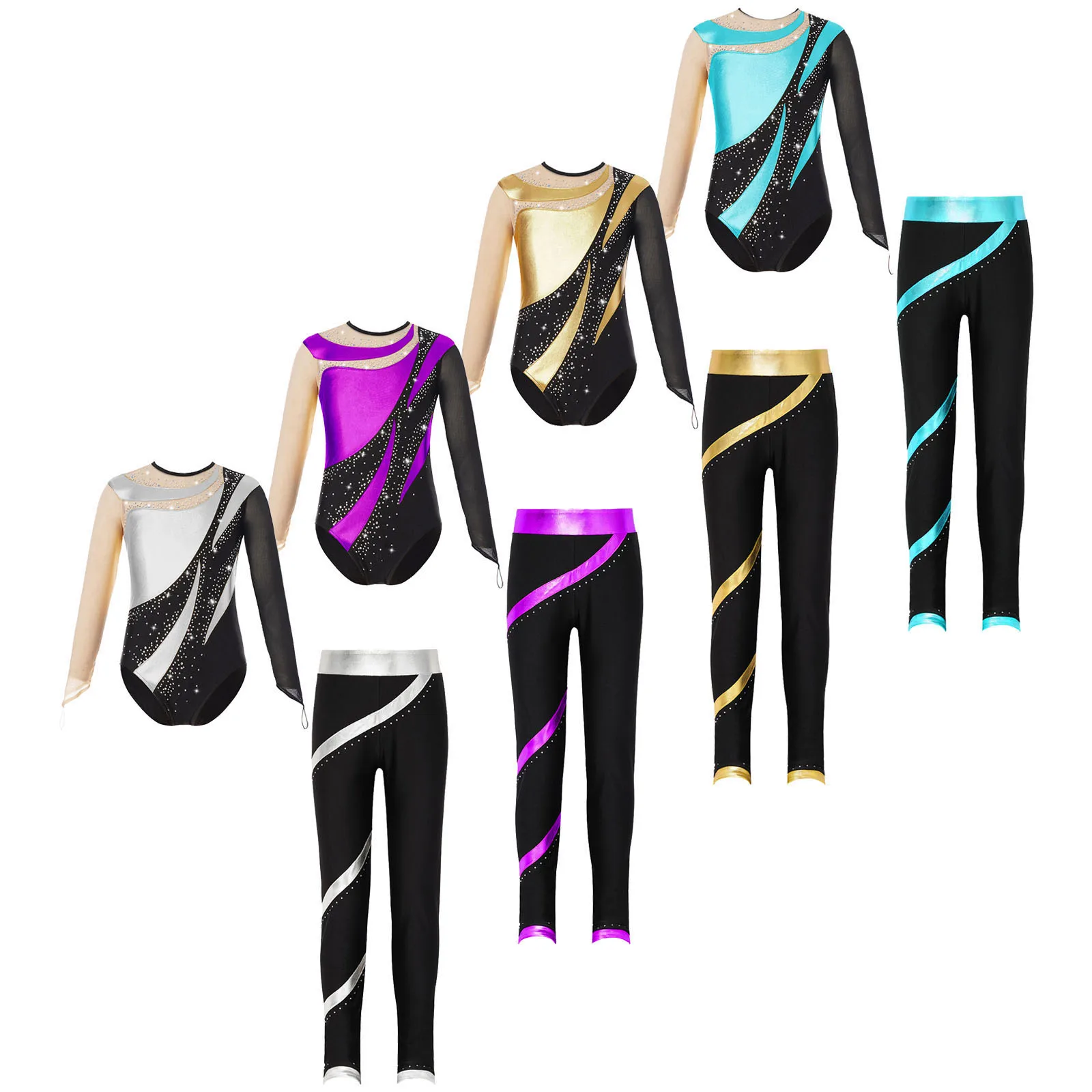 Kids Ballet Dance Outfits Gymnastics Leotard for Girls Shiny Long Sleeve Figure Skating Bodysuit with Pants 6-16 Dancewear Sets