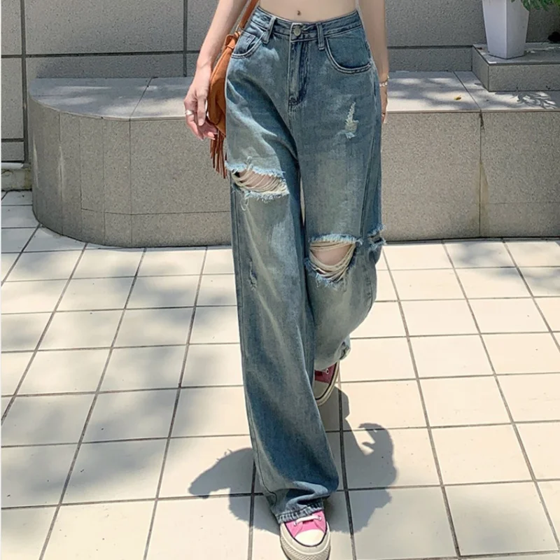 

American Retro Distressed Jeans 2024 Women Summer New Hong Kong Style Loose Straight Leg Pants Versatile Wide Leg Mop Pants