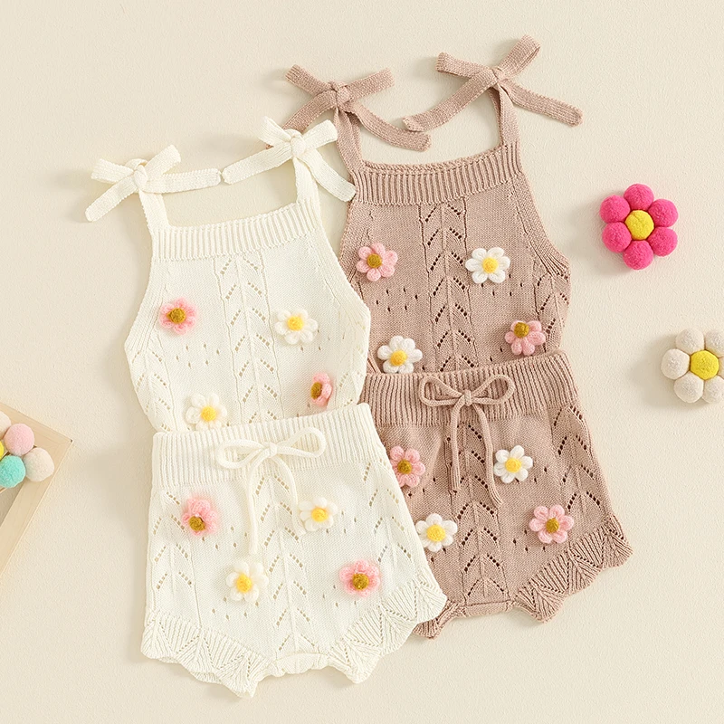 

2024-05-10 Lioraitiin Toddler Baby Girls Knitted Outfit Tie-up Camisole Elastic Waist Shorts Flower Outfit Clothes