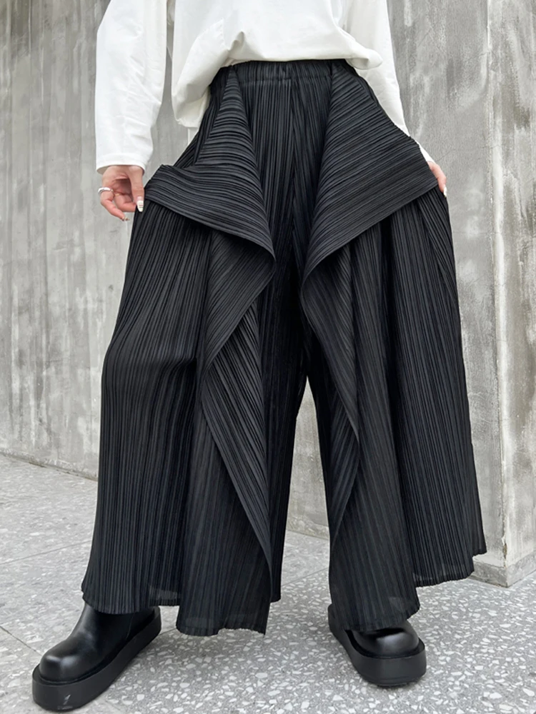 EAM Black Pleated Irregular High Elastic Waist Wide Leg Pants New Loose Trousers Women Fashion Tide Autumn 2026 30A2833