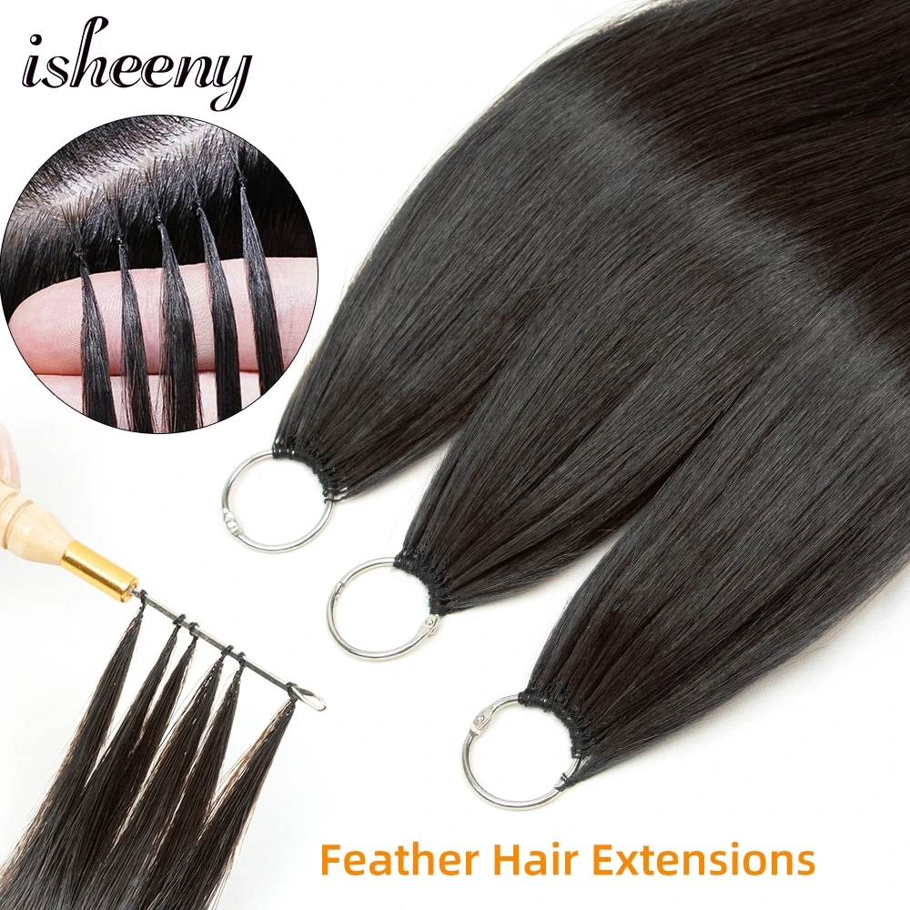 Isheeny Feather Human Hair Extensions 16"-24" Hand Knitting Extension Straight Natural Black Remy Micro Feather Line Hair Custom