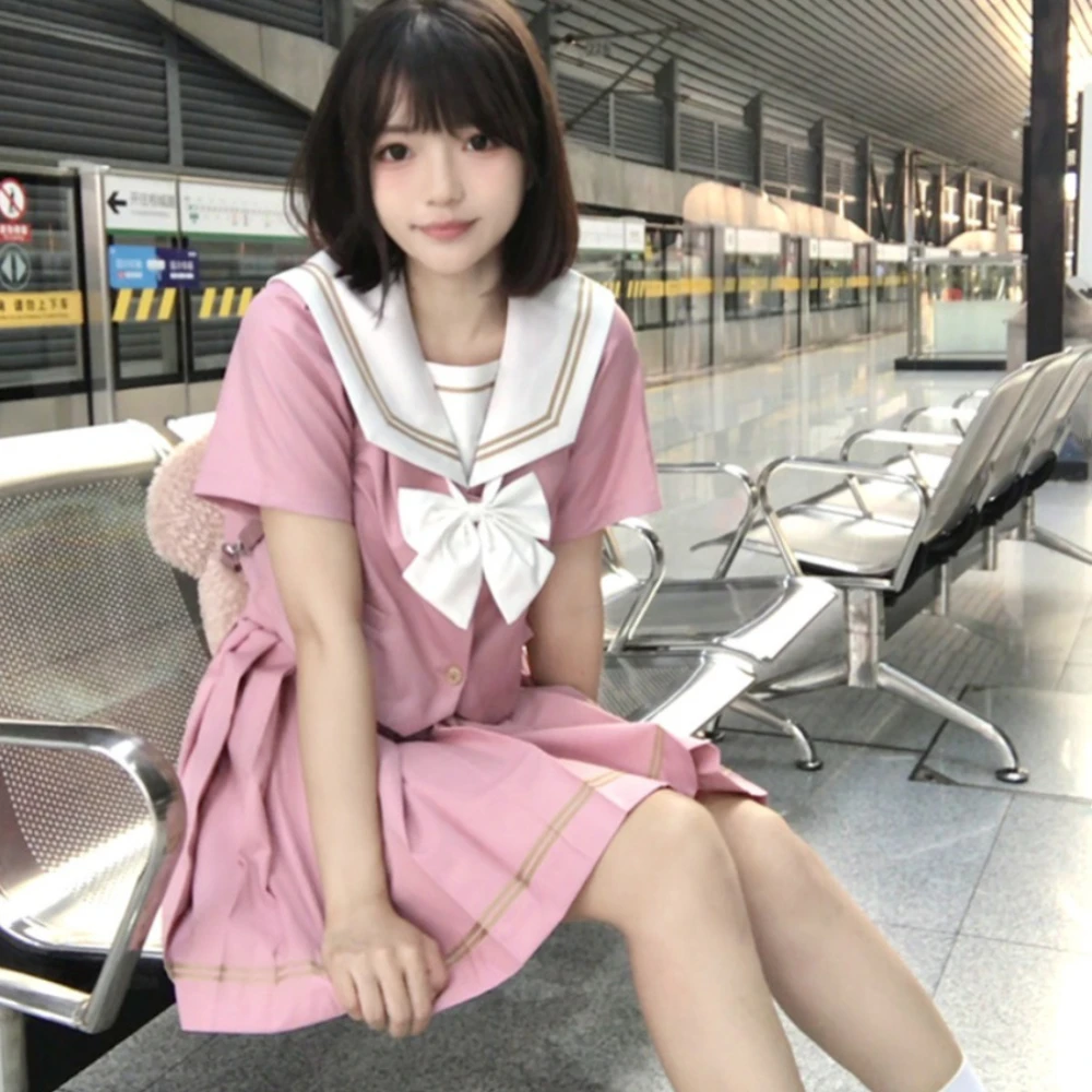핑크 일본 교복 JK 세일러 세트, 일본 긴팔, 중간 세트, 네이비 칼라, 대학 ..