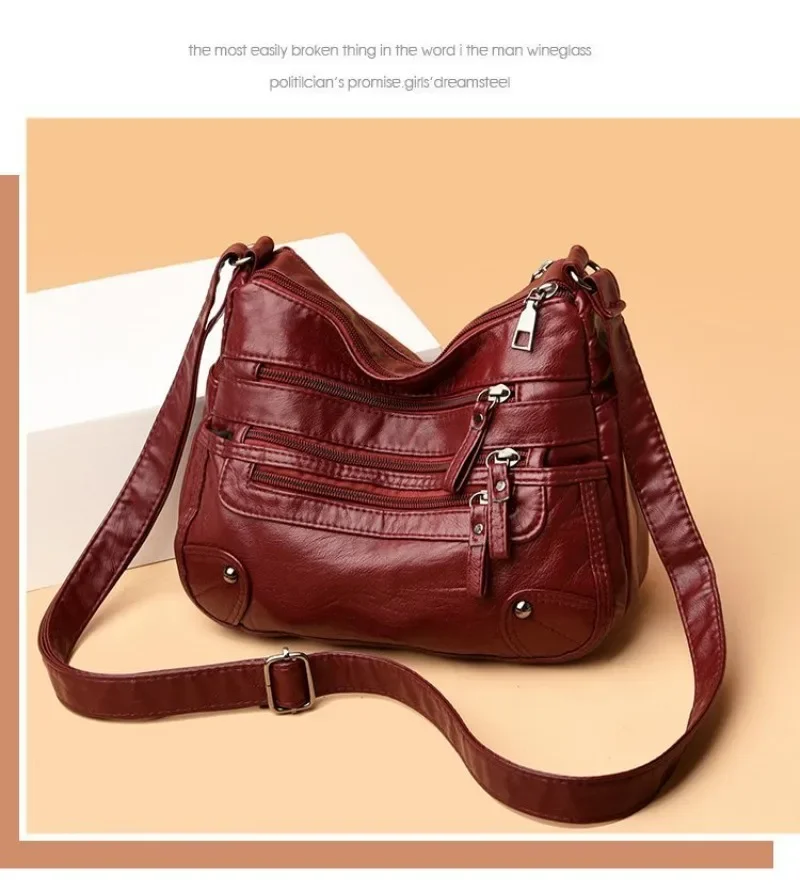 Soft Leather Shoulder Bag - Women's Crossbody Double Layered Large Capacity Tote
