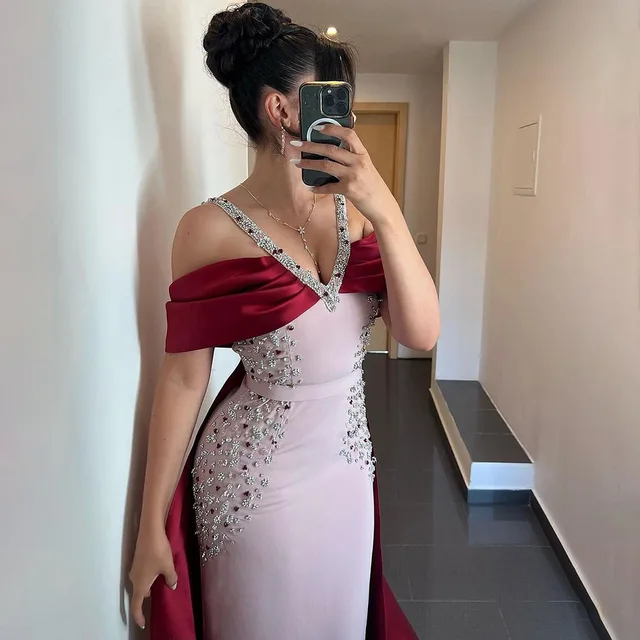 SWEMILE Luxury Beading Cape Mermaid Evening Dresses Off Shoulder Prom Dresses Arabia Wedding Party Gowns فساتين سهرة 3