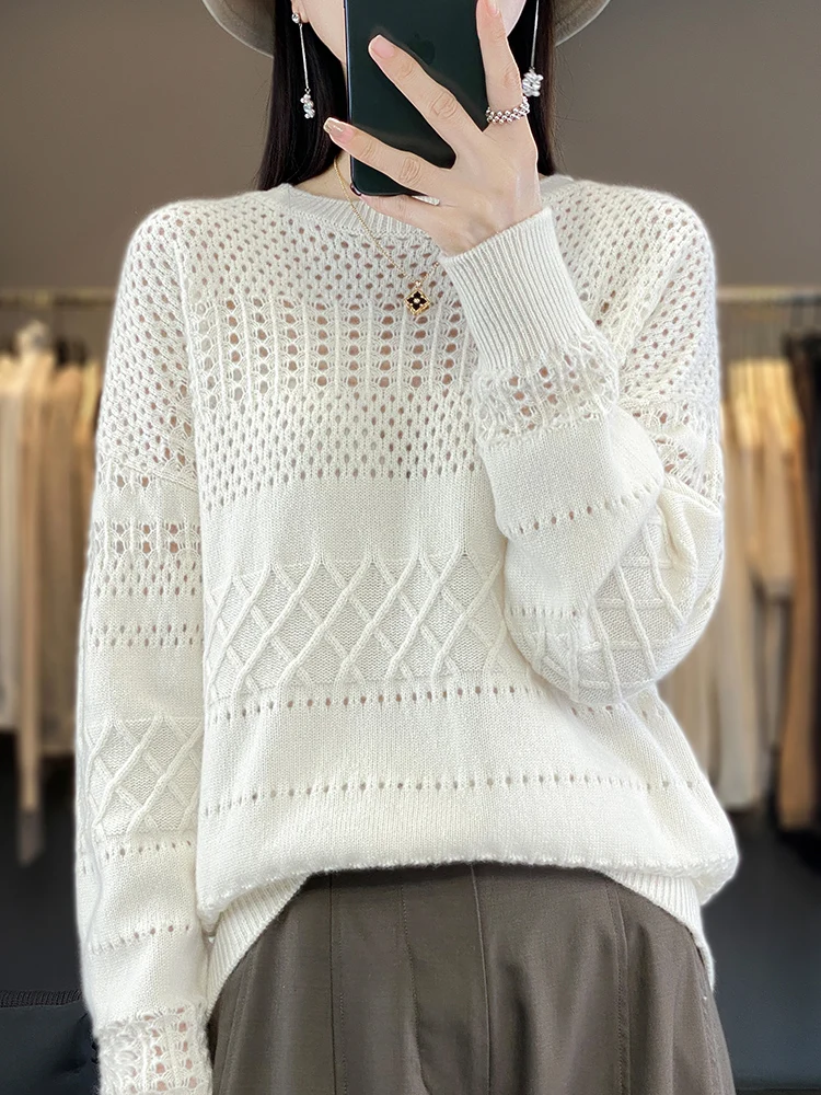 

Oversized Women's Sweater 100% Merino Wool O-neck Pullover Long Sleeve Jumper Simplicity Hollow Jacquard Cashmere New Knit Wears