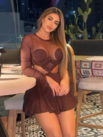 Weird Puss Waistless Pleated Hem Dress Women See Through Sexy Midnight Full Sleeve Coquette Clubwear Party Rave Mini Bodycon